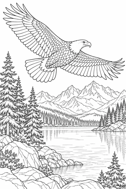 A bald eagle flies above a mountain lake and pine-lined shores.