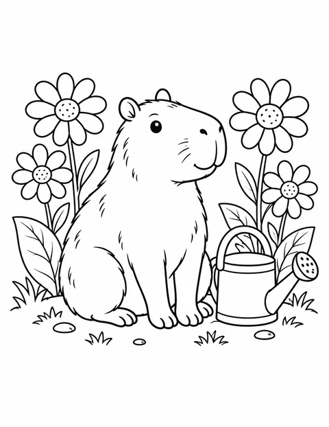 A capybara sits among four flowers beside a watering can.