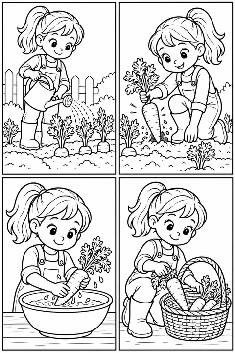 A child waters carrots, pulls one up, washes it and places it in a basket.