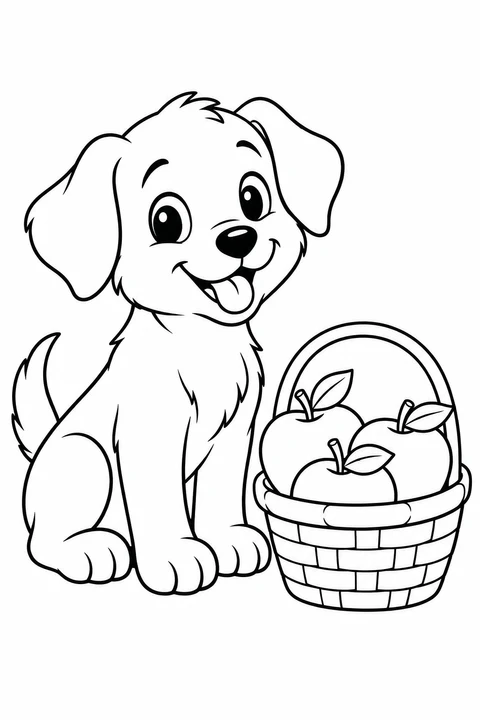 A friendly puppy sits beside a basket of big apples.