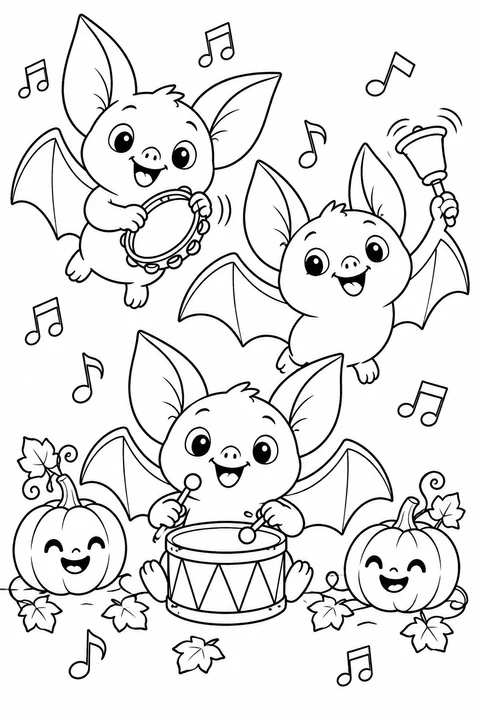 Three friendly bats make music with a drum, tambourine and bell.
