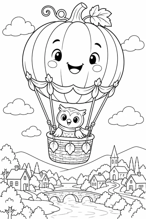 A friendly owl rides in the basket of a smiling pumpkin balloon above a little village.